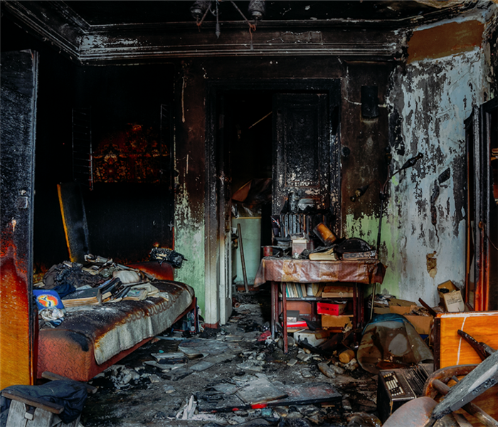 a fire damaged bedroom with debris everywhere